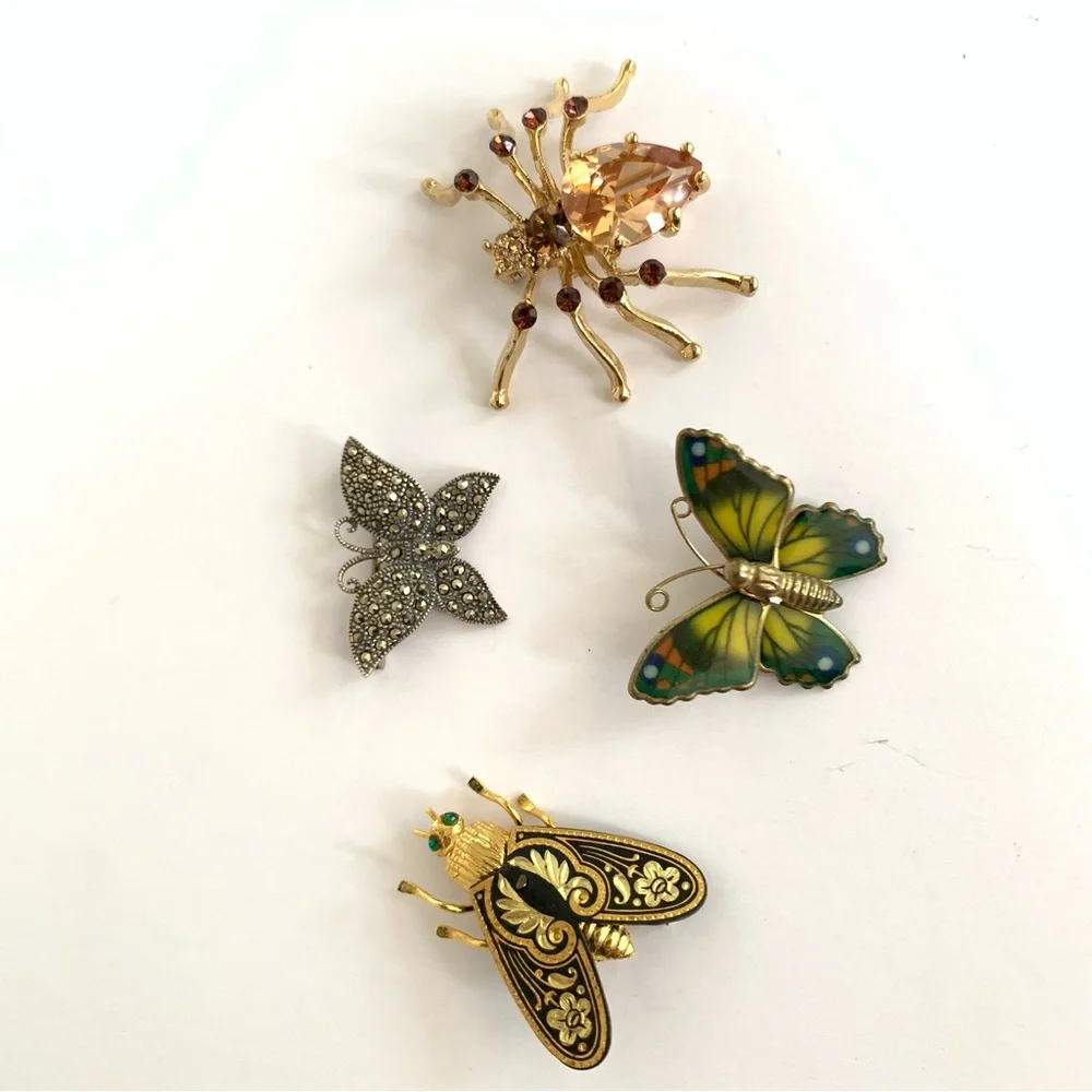 VTG Butterfly Bug Insect Pin Brooches Bundle of  4 Silver Damascene Rhinestone - Picture 3 of 11